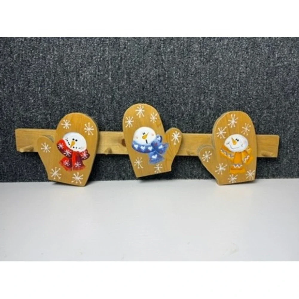 Snowman Mitten Wooden Wall Peg Rack Winter Decor Stocking Holder 90s Christmas